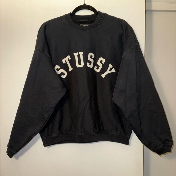 Stussy Medium Sun Faded Oversized Crew Neck Sweatshirt Black White Graphic EUC - Picture 1 of 12